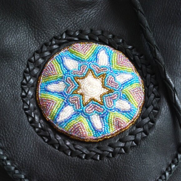 Vintage Soft & Subtle Custom Made Black Leather Handbag Fringe Braided & Beaded - Picture 4 of 5